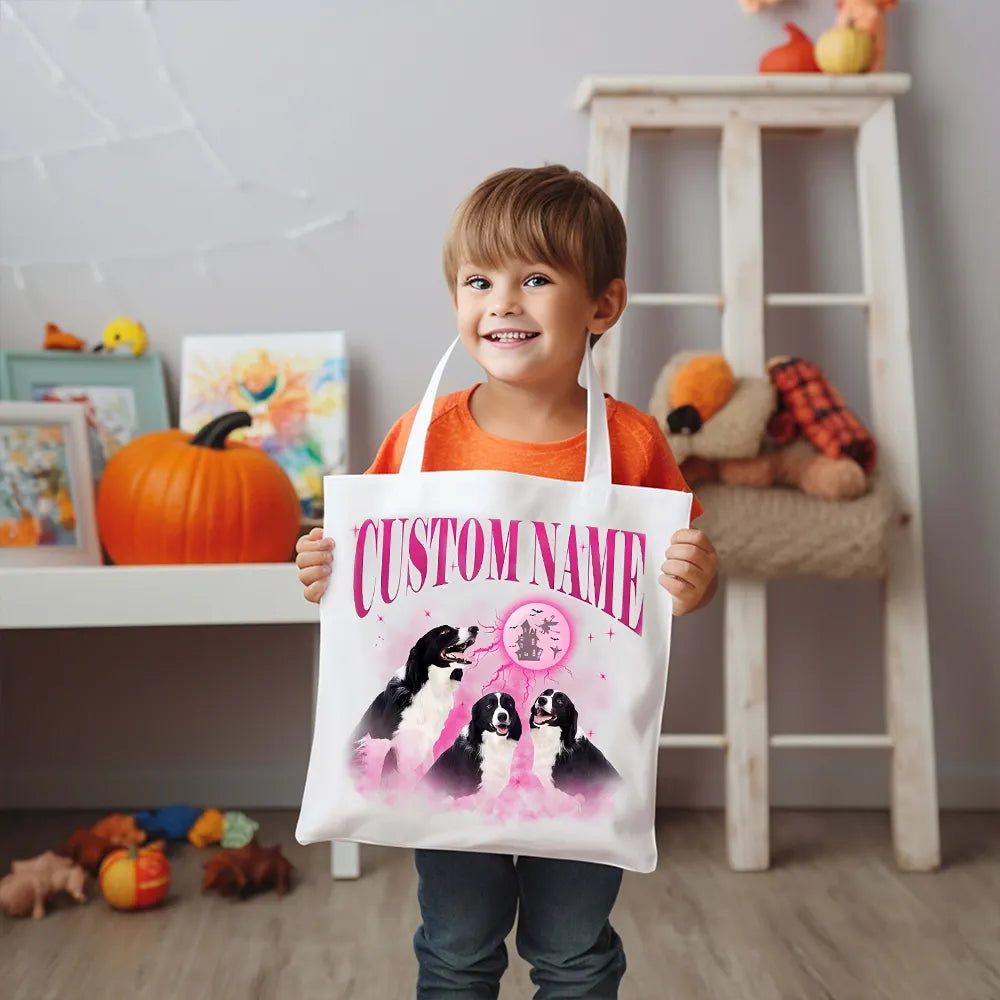 Halloween Personalized Pet Photo Tote Bag Retro Canvas Tote Bag for Trick or Treat