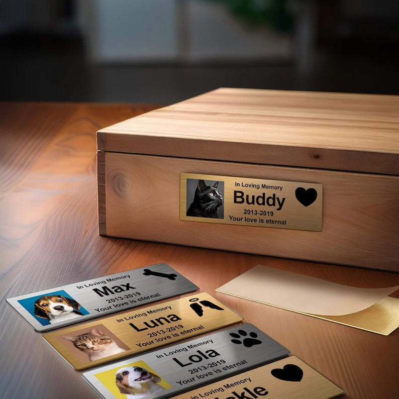 Custom Pet Memorial Urn Adhesive Metal Nameplate, Personalized Plaque for Dog Ashes Box