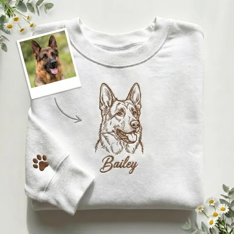 Custom Pet Portrait Line Art Embroidery Sweatshirt, Minimal Embroidered Dog Cat Hoodie- Stylish Outline Style