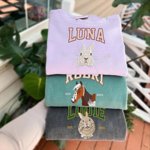 Bunny Lover Gift - Custom Pet Embroidered Sweatshirt, Embroidered Rabbit Portrait & Name Sweatshirts- Varsity Colorful D
