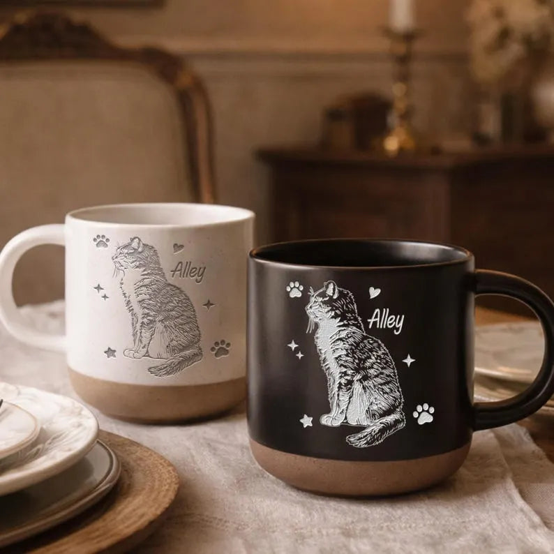 Personalized Pet Memorial Mug, Custom Engraved Dog or Cat Portrait Cup