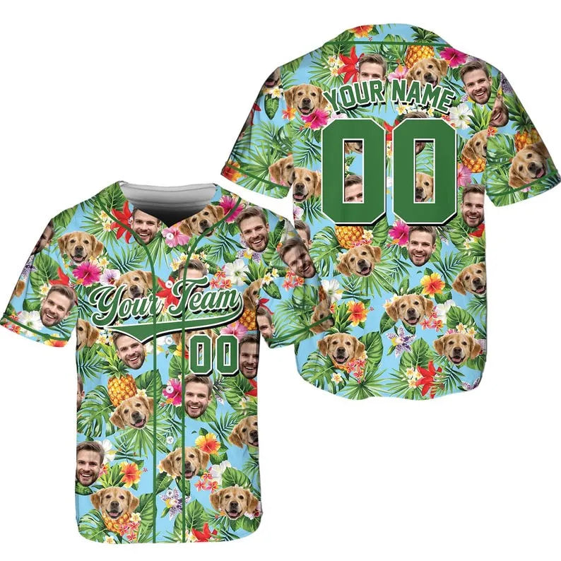 Personalized Dog Face Baseball Jersey Shirt, Custom Team Name Number Tropical Baseball Shirt