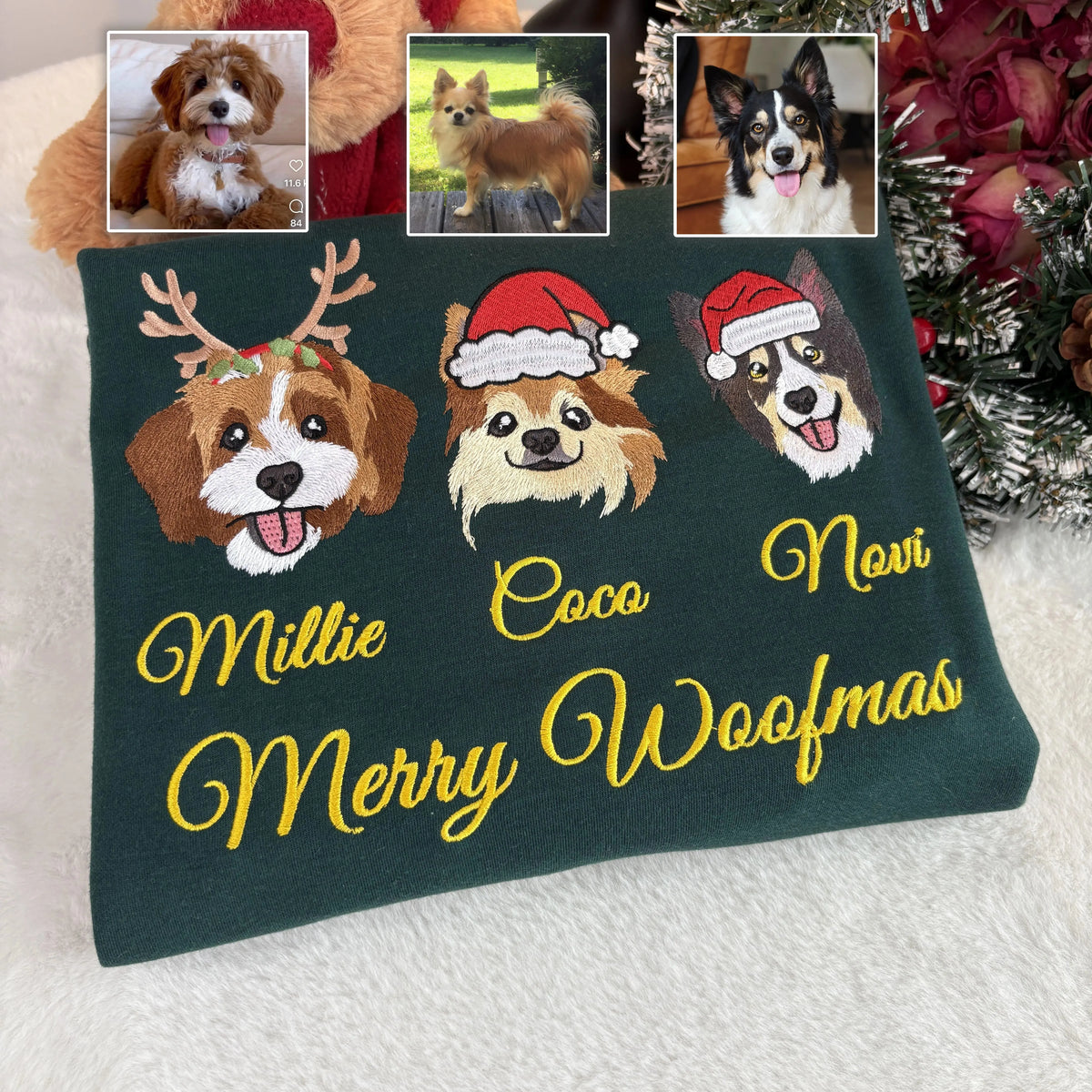 PetFiestas® Custom Christmas Pet Sweatshirt Jumper – Dog or Cat Face Embroidered Sweatshirt- Colorful Design