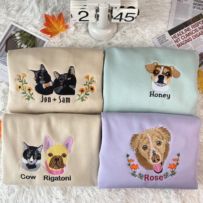 Custom Dog Cat Face Embroidered Sweatshirt Crewneck Hoodie T-shirt, Personalized Pet Face Sweatshirt- Colorful Design