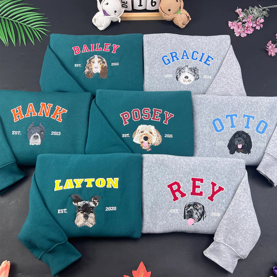 Custom Embroidered Pet Portrait Hoodie - Personalized Pet Sweatshirt with Name & Year- Varsity Colorful Design