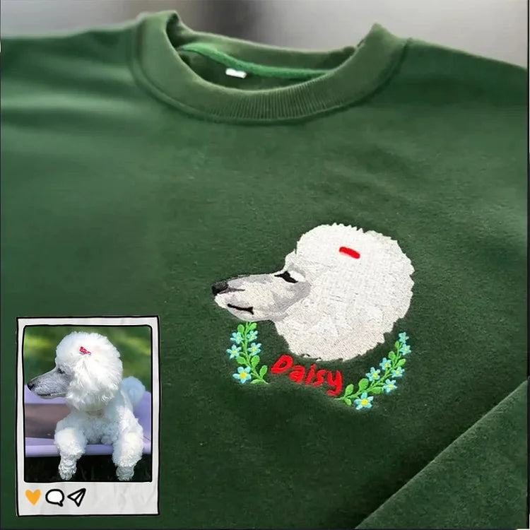 Custom Full-Color Pet Portrait Sweatshirt, Personalized Dog Embroidered Hoodie with Floral Design- Colorful Design