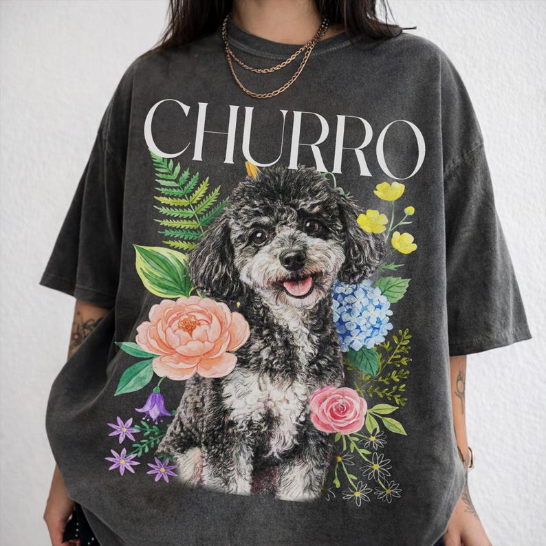 Custom Dog Portrait Floral Illustration T-Shirt, Personalized Pet Tee