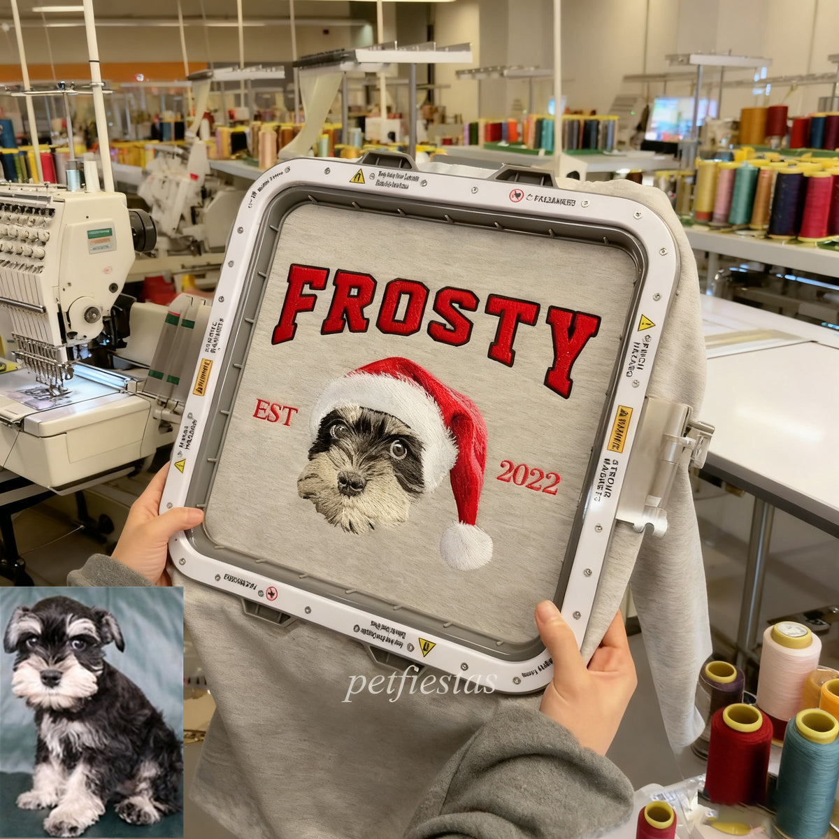 Custom Christmas Preppy Embroidered Pet Portrait T-shirt Sweatshirt Hoodie- Varsity Colorful Design