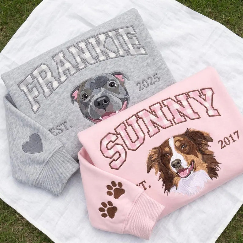 Personalized Pet Name Embroidered Sweatshirt, Custom Dog Portrait Crewneck with Gingham Varsity Letters