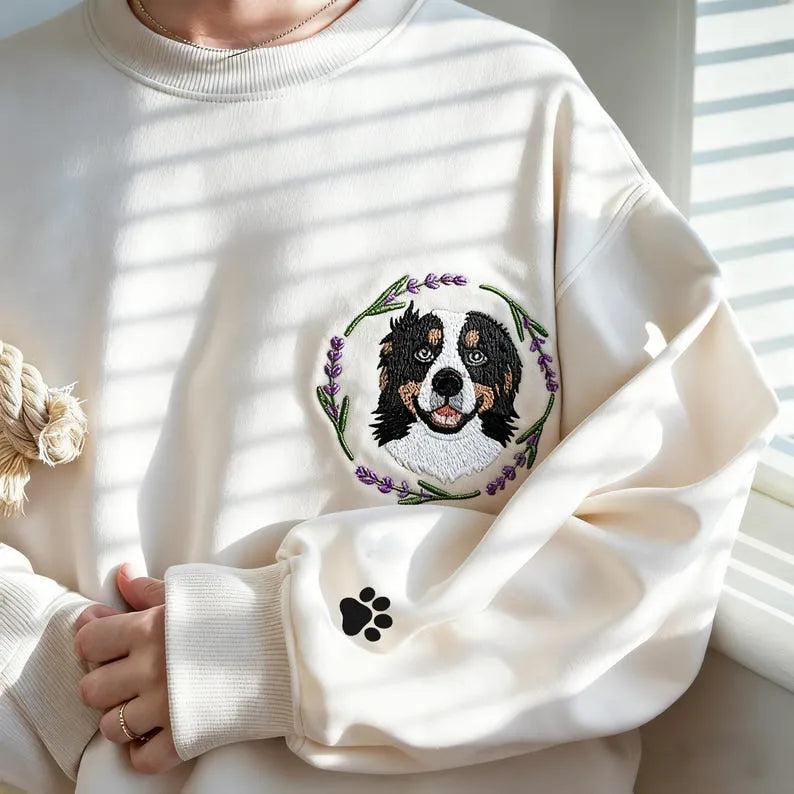 Custom Pet Portrait Embroidered Sweatshirt with Wreath - Colorful Design