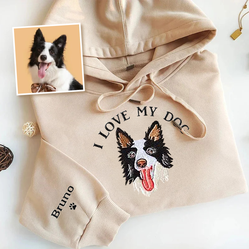 I Love My Dog Custom Pet Portrait Embroidered Crewneck T-shirt Hoodie- Varsity Colorful Design