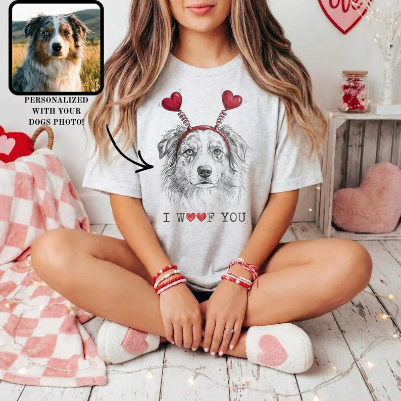 I WOOF YOU Custom Dog Photo & Heart Headband Sweatshirt T-Shirt, Valentine's Day Gift