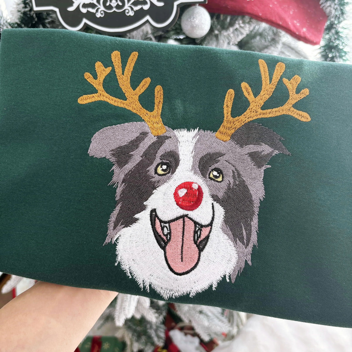 PetFiestas® Custom Dog Embroidered Christmas Sweatshirt with Funny Reindeer Design