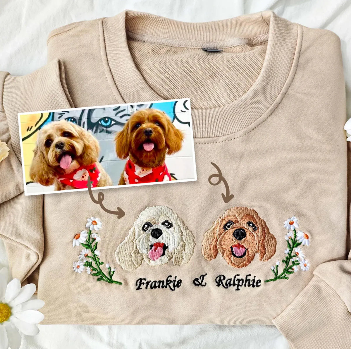 Custom Embroidered Hoodie/Sweatshirt With Pet Portrait Wreath Flower