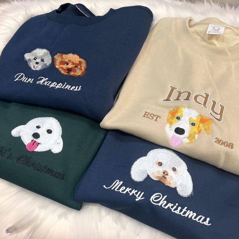 Custom Premium Handcrafted EMBROIDERED Pet Sweatshirt Using Pet Photo + Name- Colorful Design