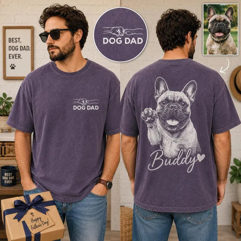 Personalized Dog Dad Vintage Wash T-Shirt, Custom Pet Portrait Shirt, Dog Dad Gift