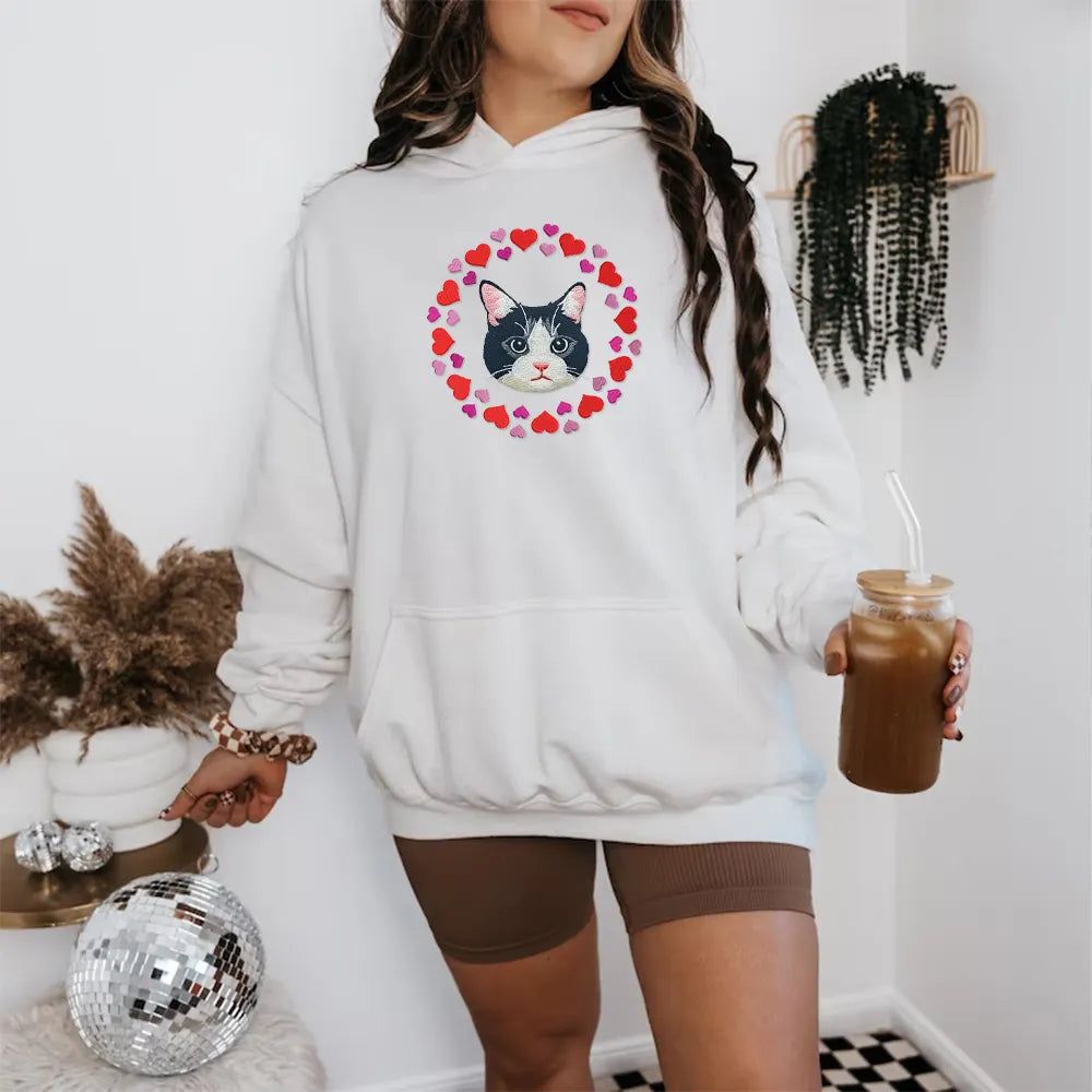 PetFiestas® Custom Pet Portrait Embroidered With Pink Hearts Design Valentines Sweatshirt Hoodie T-shirt- Colorful Desig
