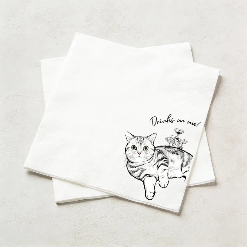 Custom Dog Cat Cocktail Napkins, Pet Portrait Wedding Napkins, Party Supplies, Pet Lover Gift