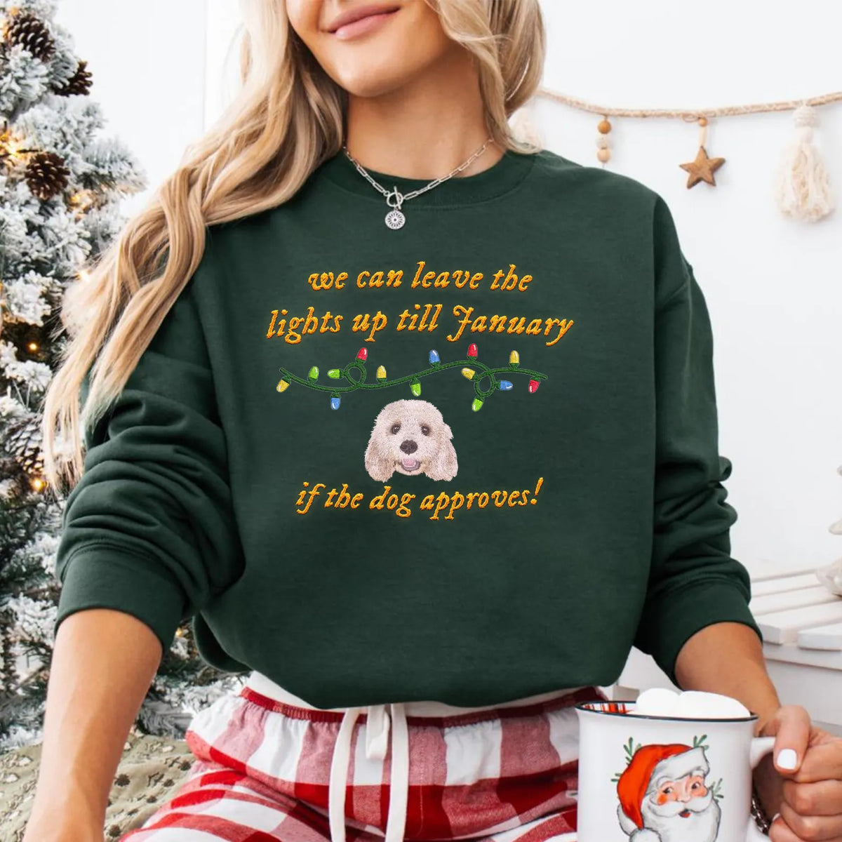 PetFiestas® We can leave the lights up till January Custom Pet Face Embroidered Sweatshirt Hoodie T-shirt- Colorful Desi
