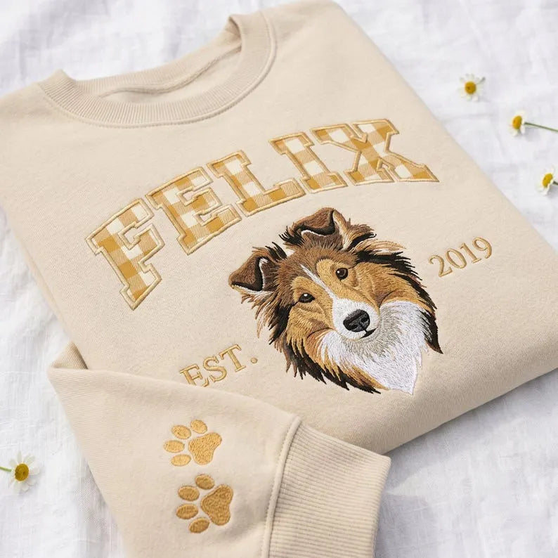 Custom Dog or Cat Portrait Crewneck with Gingham Applique Letters