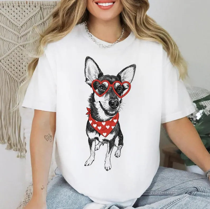 Custom Pet Valentine’s Day Sweatshirt – Personalized Dog with Heart Bandana & Glasses