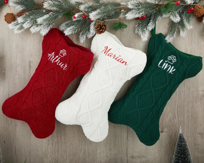 Personalized Dog Bone Christmas Stockings with Embroidered Name