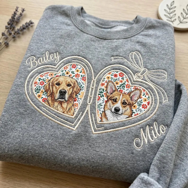 Custom Pet Portrait Embroidered Sweatshirt with Floral Applique Locket Heart with Bow