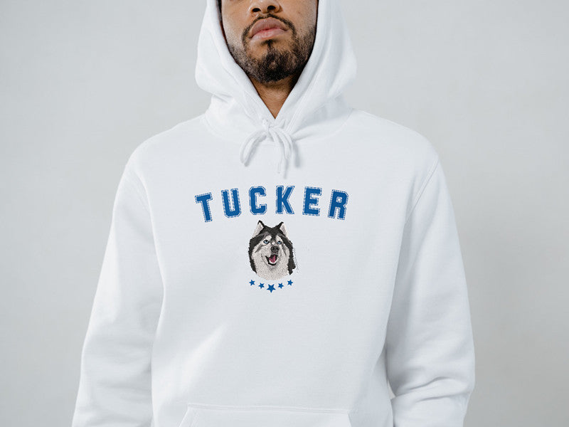 Personalized Dog Portrait Embroidered Hoodie Sweatshirt, Pet Face Shirt- Varsity Colorful Design