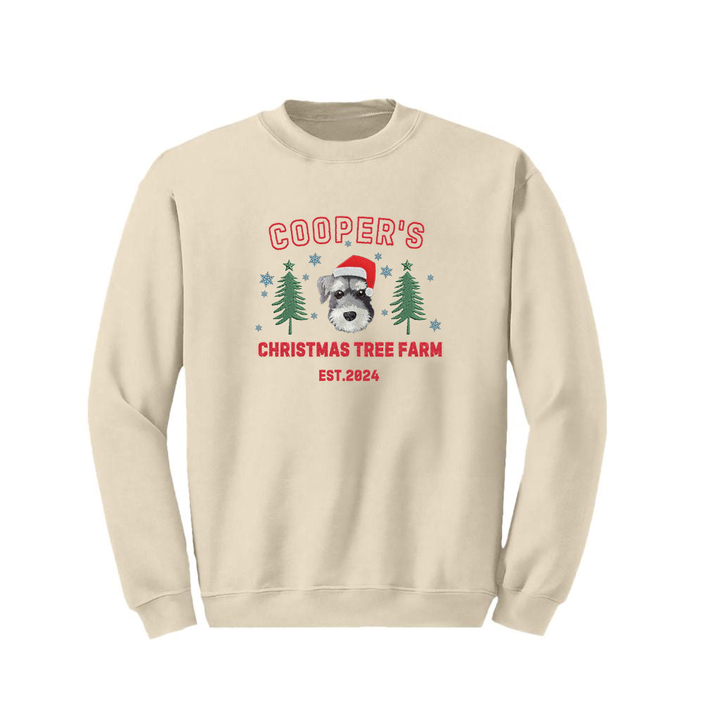 PetFiestas® Custom Christmas Tree Farm Embroidered Personalized Pet Portrait Christmas Sweatshirt Hoodie T-shirt- Varsit