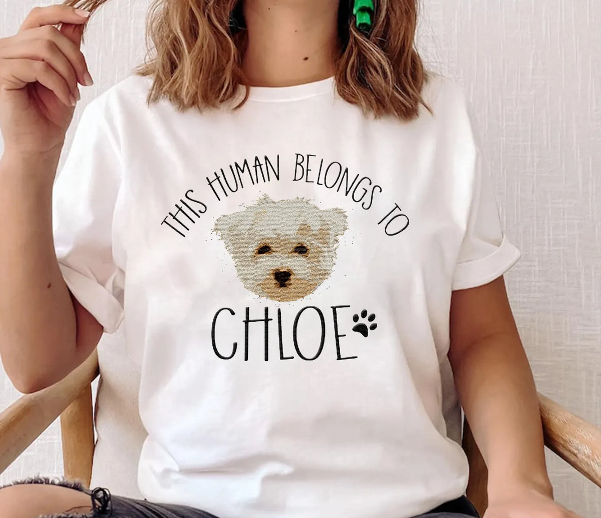 This Human Belongs to Dog Portrait Embroidered Hoodie Sweatshirt T-shirt- Varsity Colorful Design
