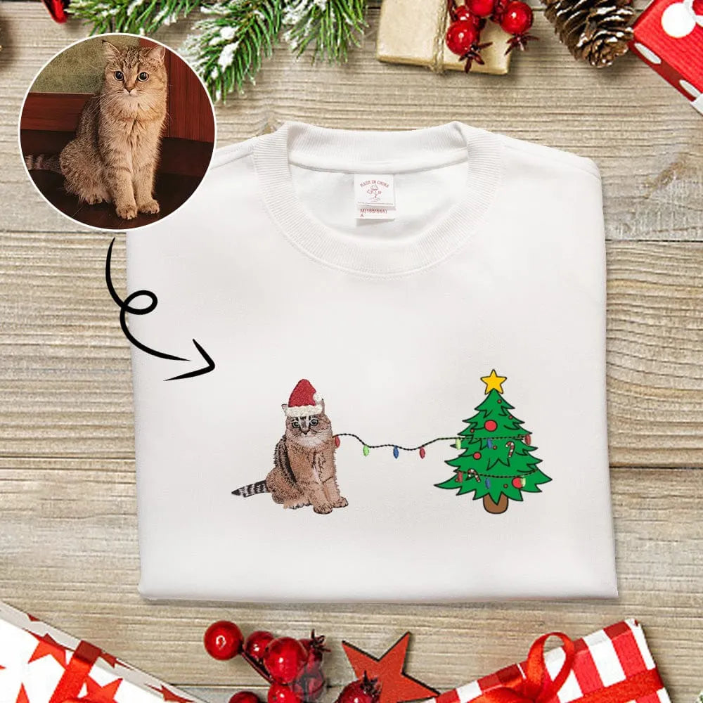 Custom Embroidered Christmas Tree And Lights Pet Embroidered Sweatshirt Hoodie T-shirt- Colorful Design