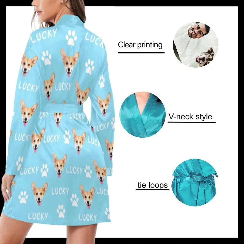 Custom Pet Photo Kimono Robe, Personalized Photo Night Robe, Custom Pajama Bathrobe