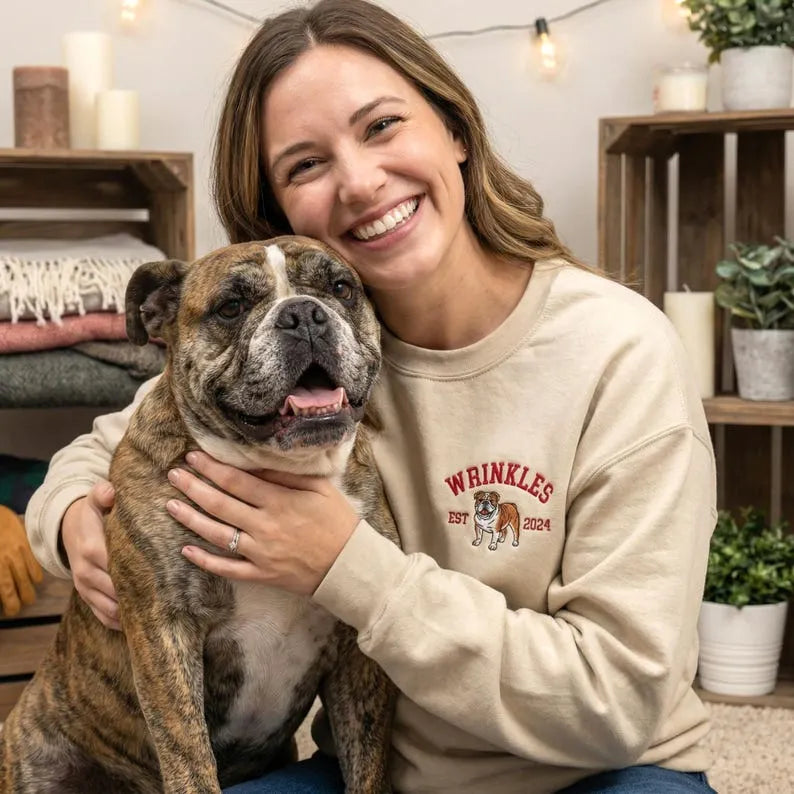 Custom Embroidered Pet Portrait & Name Sweatshirt - Personalized Dog Photo Crewneck Hoodie