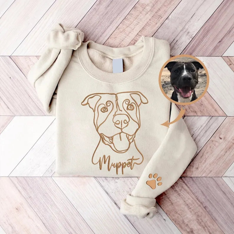 Custom Pet Portrait Outline Embroidered Sweatshirt, Personalized Pet Face & Name Sweatshirt- Stylish Outline Style