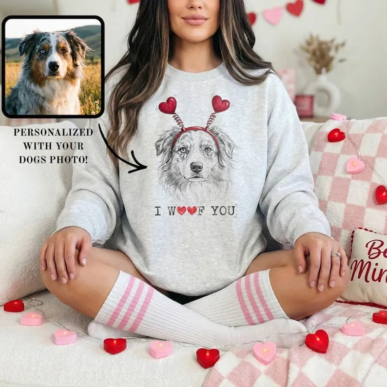 I WOOF YOU Custom Dog Photo & Heart Headband Sweatshirt T-Shirt, Valentine's Day Gift