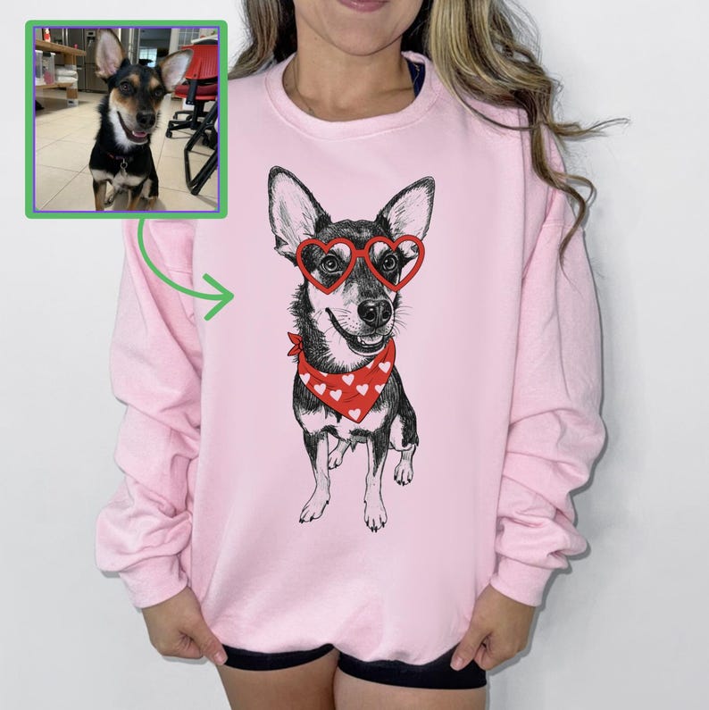 Custom Pet Valentine’s Day Sweatshirt – Personalized Dog with Heart Bandana & Glasses