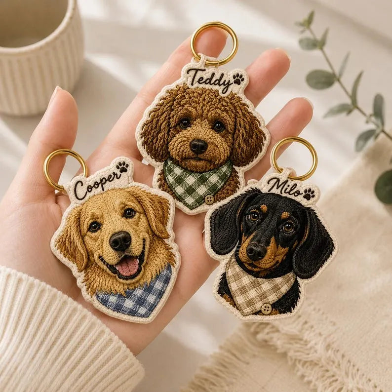 Personalized Pet Portrait Embroidered Keychain, Pet Memorial Keychain, Dog Lover Gift
