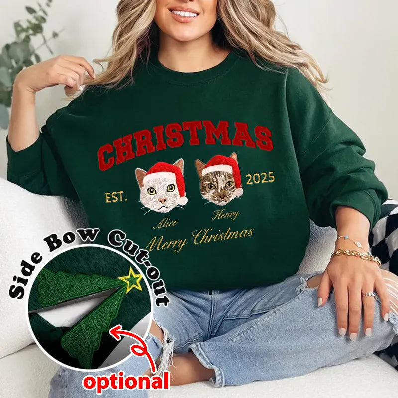 Custom Merry Christmas Embroidered Pet Portrait Sweatshirt with Glitter Side Bow Design- Varsity Colorful Design