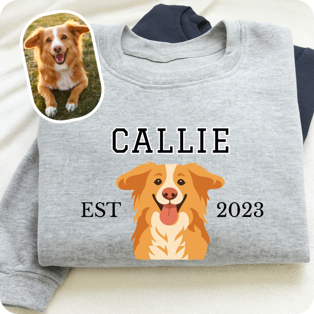 Custom Illustrated Pet Photo & Name Printed Sweatshirt, Hoodie & T-Shirt