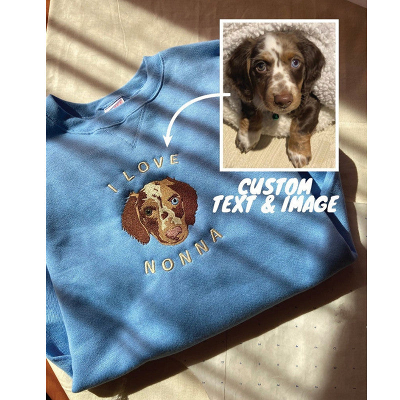 Customize Text & Image Dog Cat Pet Portrait Embroidery Sweatshirt Hoodie  