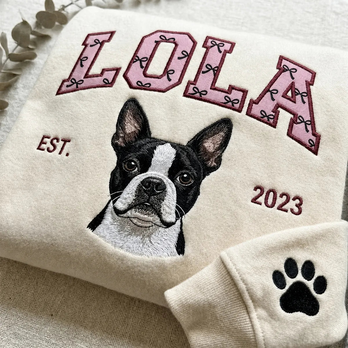 Custom Pet Portrait Embroidered Sweatshirt — Coquette Print Appliqué Name