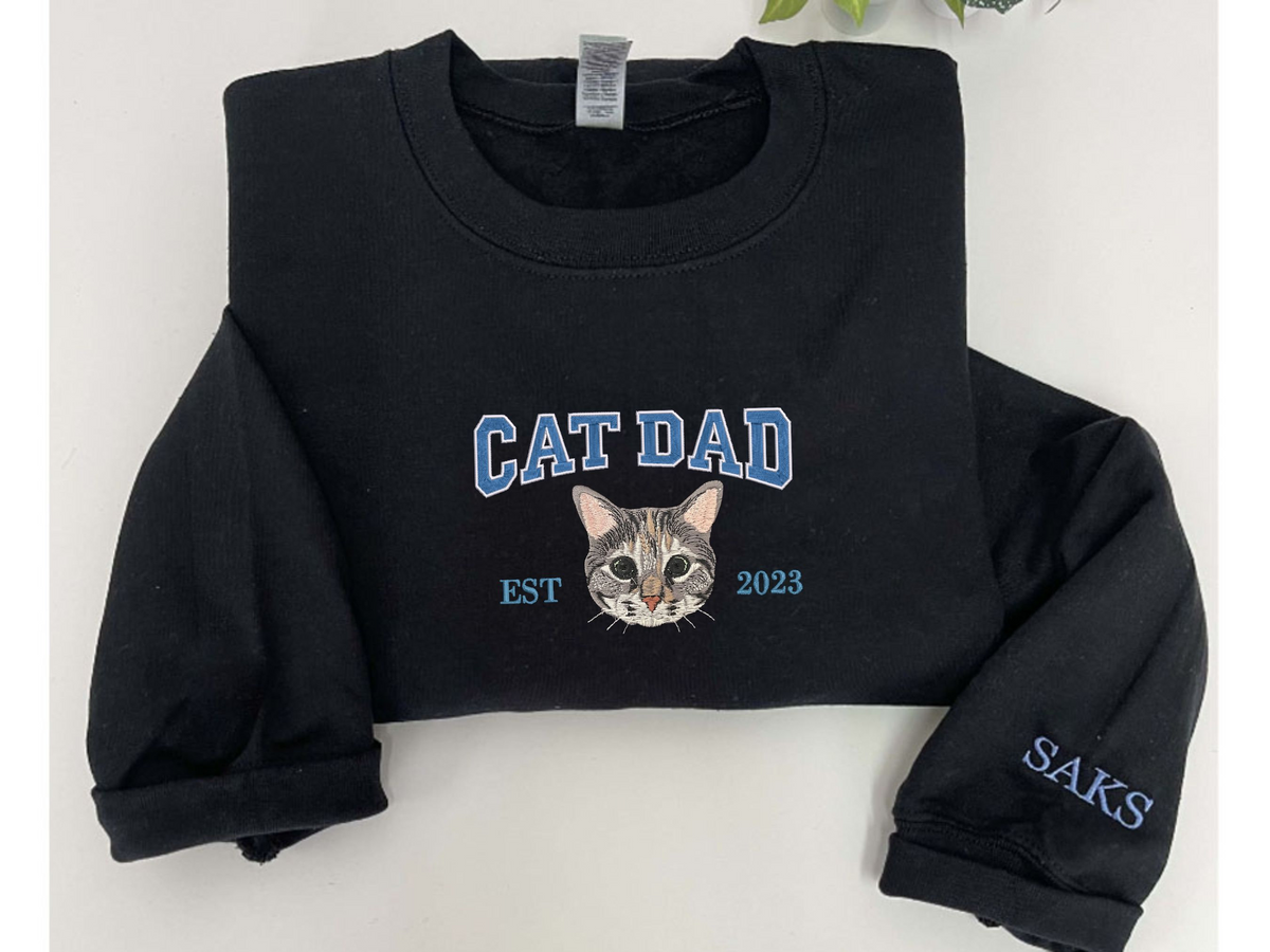 Custom Embroidered Varsity Cat Dad Sweatshirt or Hoodie Portrait from Photo- Varsity Colorful Design