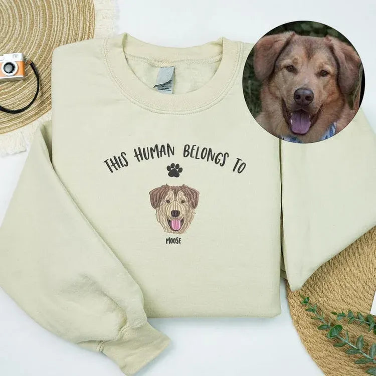 This Human Belongs to Dog Portrait Embroidered Hoodie or Sweatshirt T-shirt- Varsity Colorful Design