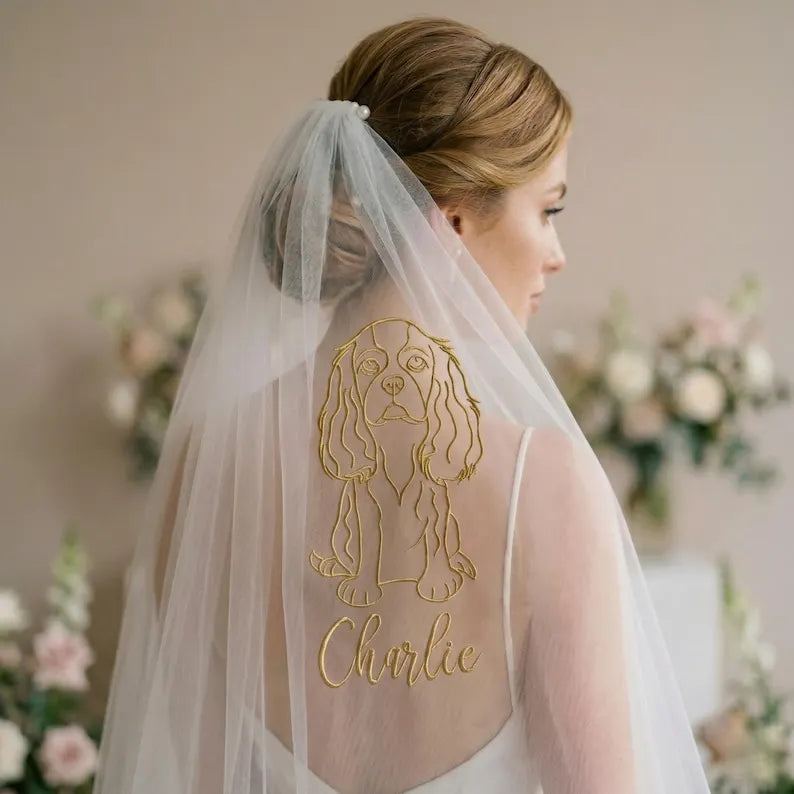 Personalized Pet Embroidered Bridal Veil, Custom Dog Portrait Wedding Veil