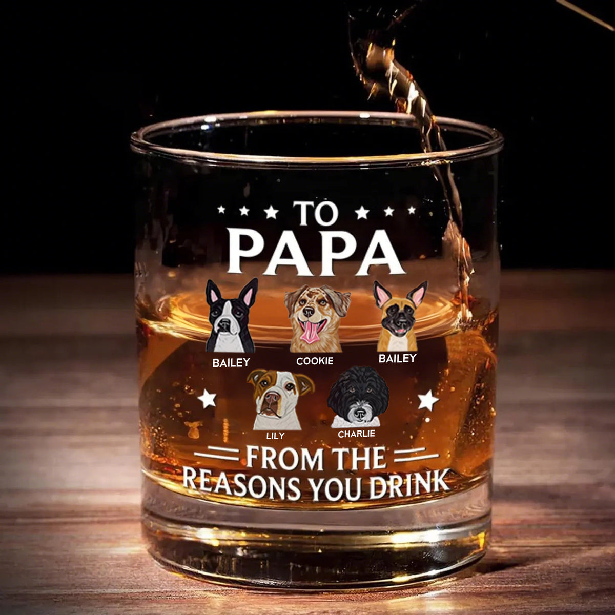 Personalized Papa Whiskey Glass with Pet Portraits for Dog Dad, Reasons You Drink Glass