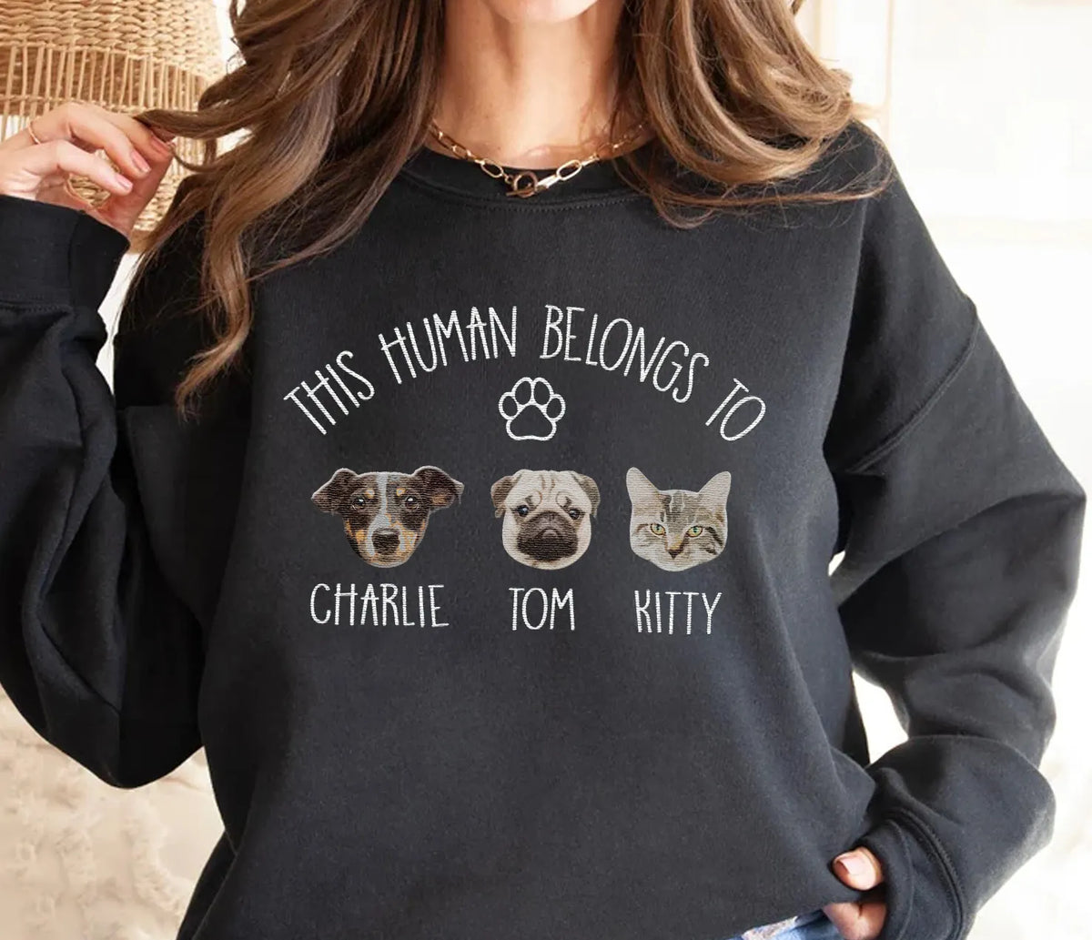 This Human Belongs to Dog Portrait Embroidered Hoodie Sweatshirt T-shirt- Varsity Colorful Design