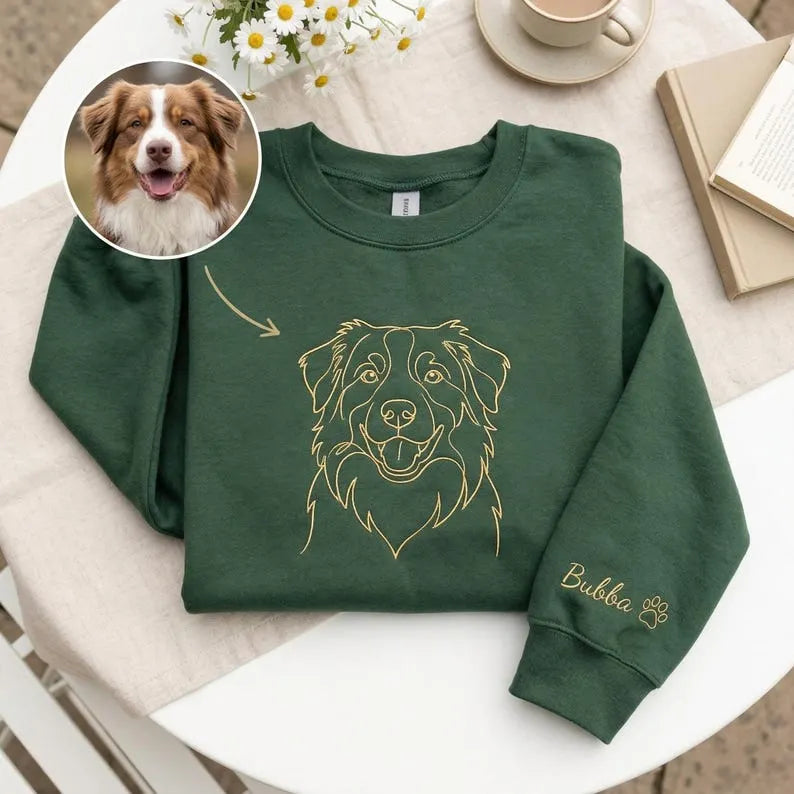 Custom Embroidered Pet Face Line Art Sweatshirt, Dog Dad Gift-Stylish Outline Style