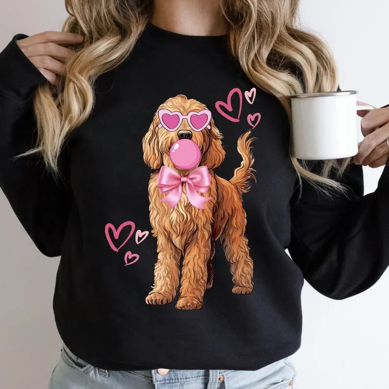 Custom Pet Photo Sweatshirt - Personalized Dog Illustration with Bubble Gum & Pink Bow