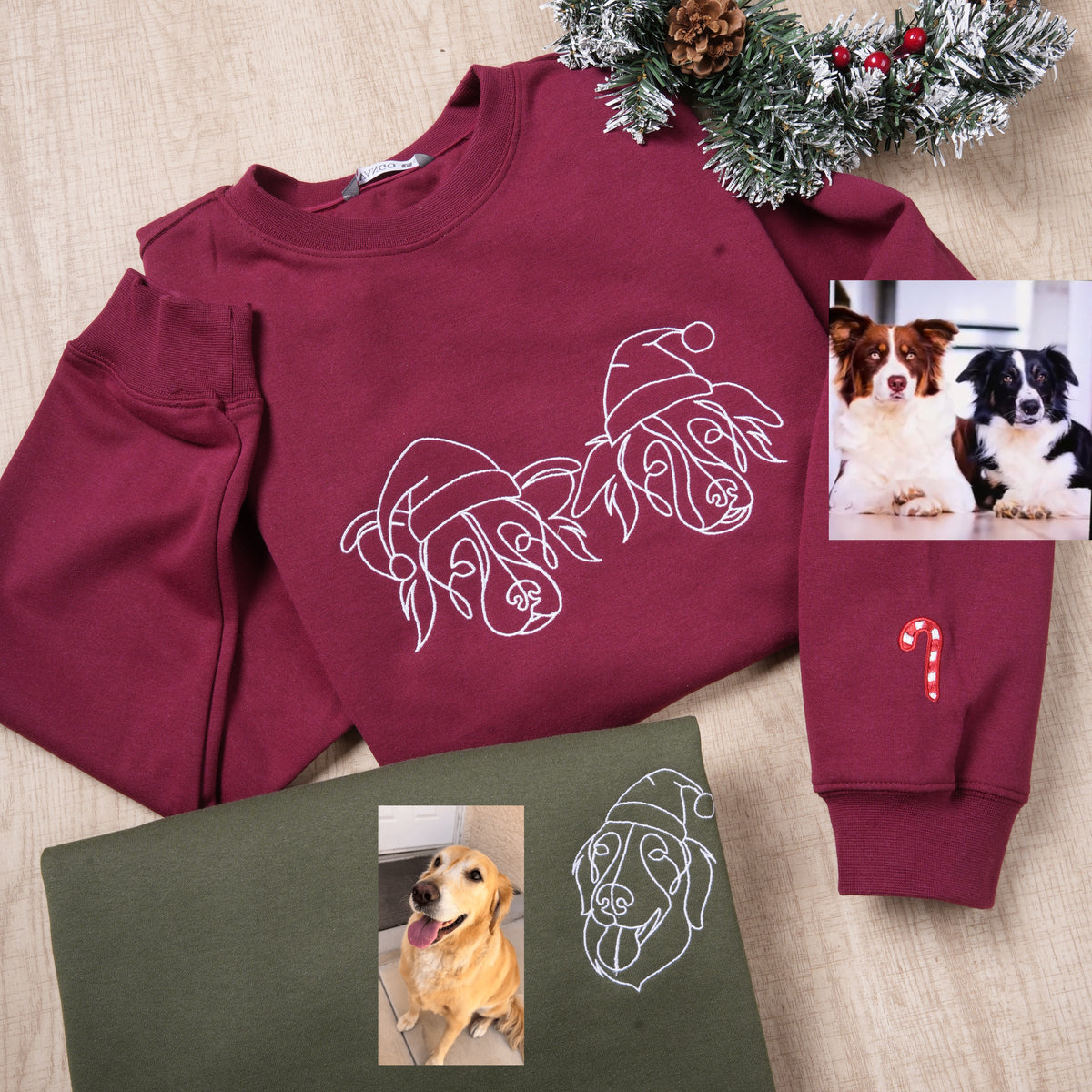 Custom Christmas Pet Face Sketch Embroidered Sweatshirt Hoodie with Santa Hat- Stylish Outline Style