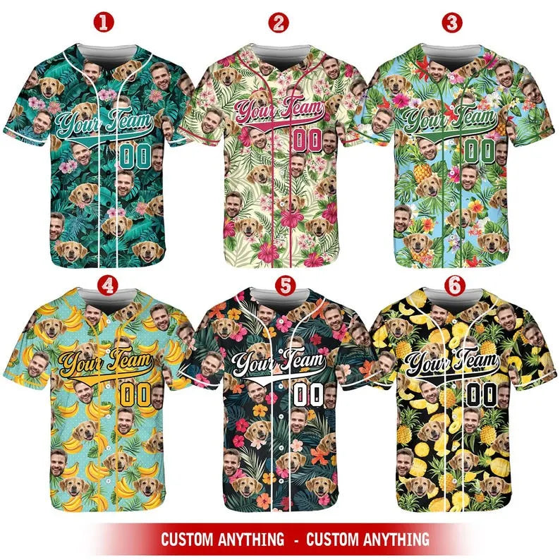 Personalized Dog Face Baseball Jersey Shirt, Custom Team Name Number Tropical Baseball Shirt